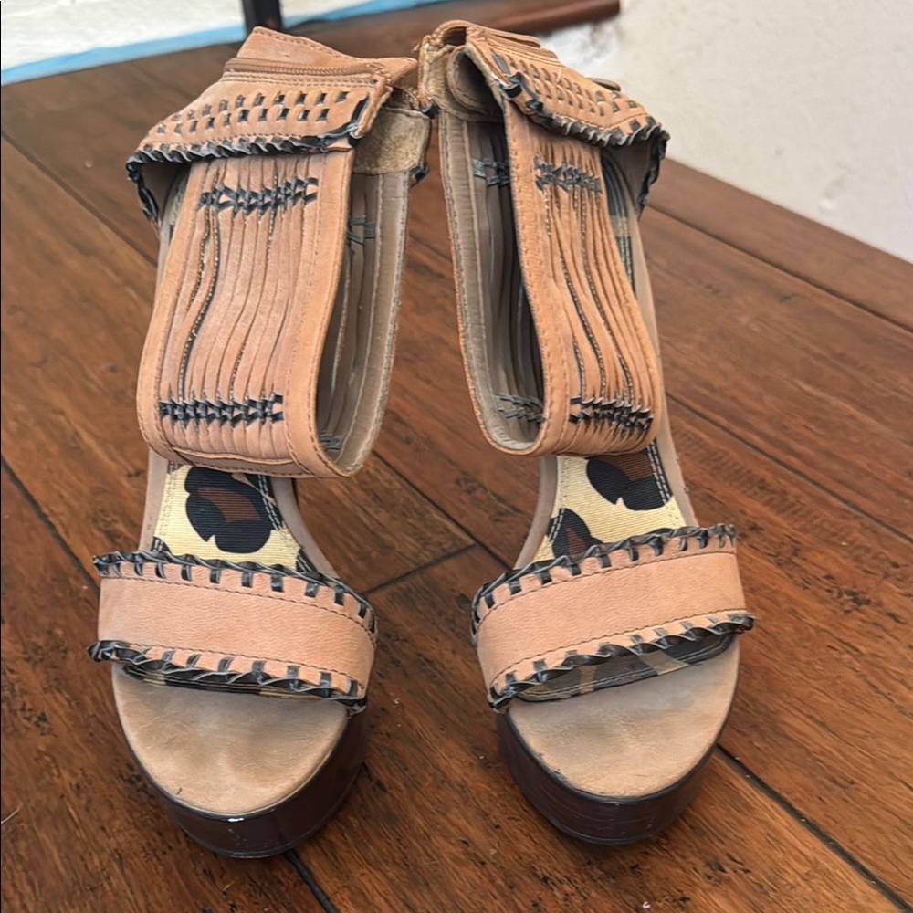 Bebe Tan Platform Sandals with Fringe
